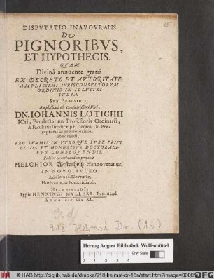 Disputatio Inauguralis De Pignoribus, Et Hypothecis