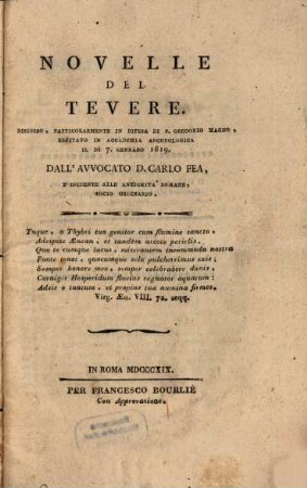 Novelle del Tevere : Discorso, particolarmente in difèsa di S. Gregorio Magno, recitato in Accademia Archeologica il dì 7. Gennaro 1819