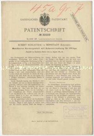 Patentschrift eines wendbaren Vordergestells mit Hebevorrichtung für Pflüge, Patent-Nr. 30589