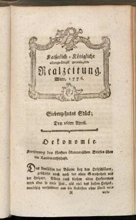 Siebenzehntes Stück; Den 16ten April. Wien, 1776.