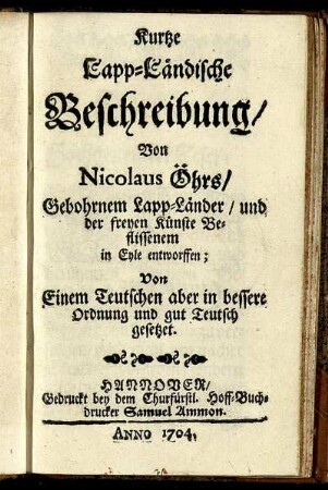 Kurtze Lapp-Ländische Beschreibung