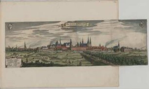 Ansicht von Berlin, kolorierter Kupferstich, 1656 : Chur Fürstl. Resi. St. Berlin v. Cöln. Kupferstich / Casp. Merian fec - [Francofurtum//Frankfurt am Main : Merian], 1656. - 1 Ansicht : mehrfarb. ; auf 2 Kunstbl. : Kupferstich ; Gesamtgr. 71 x 23 cm. Mit Kartusche und Wappen - Titel oben Mitte, Mit Kartusche und 2 Wappen. - Mit Gebäudeverz.