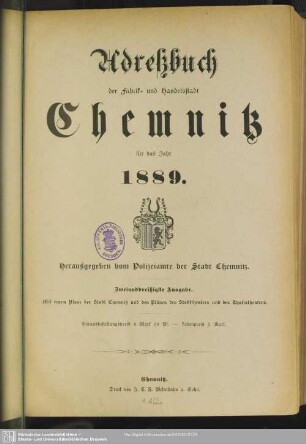 32.1889: Adressbuch der Fabrik- und Handelsstadt Chemnitz : ein Wegweiser für Einheimische u. Fremde