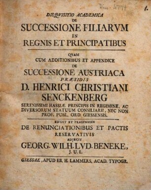 Disqvisitio Academica De Successione Filiarum In Regnis Et Principatibus