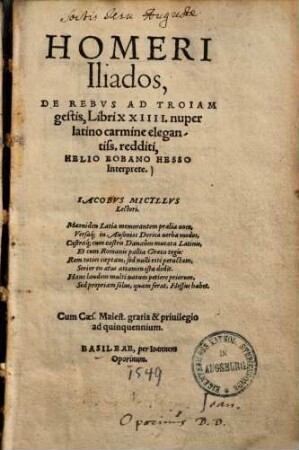 Homeri Iliados, de rebus ad Troiam gestis, libri XXIII.
