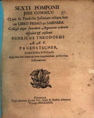 S. Pomponii iure consulti quae in pandectis Iustiniani reliqua sunt