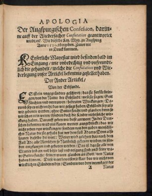 Apologia Der Augspurgischen Confession, darinne auff der Wiedersacher Confutation geantwortet wirdt/ etc.