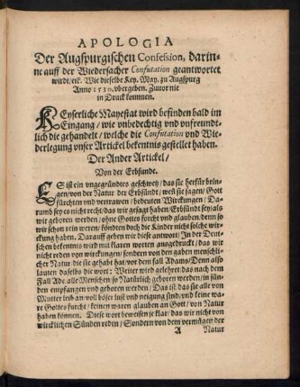Apologia Der Augspurgischen Confession, darinne auff der Wiedersacher Confutation geantwortet wirdt/ etc.