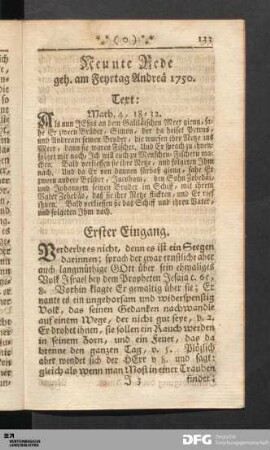 Neunte Rede geh. am Feyrtag Andreä 1750. [Math. 4, 18-32.]