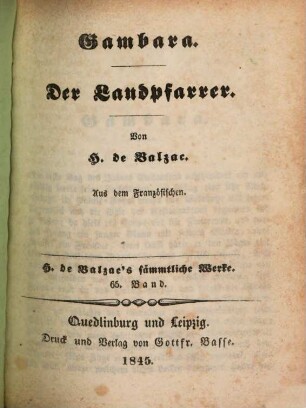 H. de Balzac's sämmtliche Werke, 65. Gambara. Der Landpfarrer