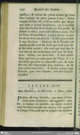 Lettre DLIV. Aux Rochers, ce Mécredi, 1. Juin, 1689
