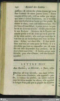 Lettre DLIV. Aux Rochers, ce Mécredi, 1. Juin, 1689