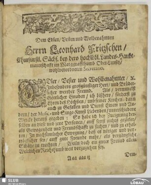 Dem Edlen... Herrn Leonhard Fritzschen [Dedikation]