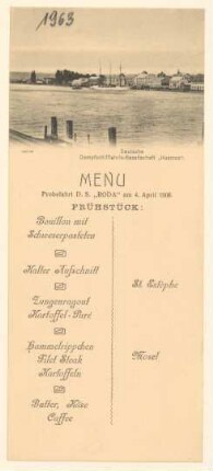 Menükarte : Deutsche Dampfschifffahrts-Gesellschaft "Kosmos" Probefahrt D.S. "Roda", D.S. "Roda"