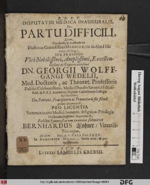 Disputatio Medica Inauguralis, De Partu Difficili