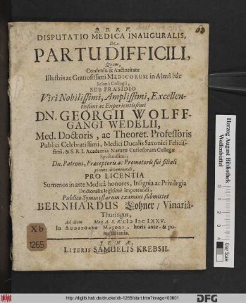 Disputatio Medica Inauguralis, De Partu Difficili