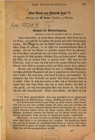 Vier Briefe von Heinrich Suso : Übers. v. W[ilhelm] Preger. [Kopft.]