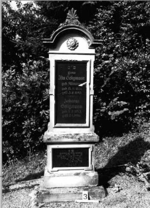 Grabstein 3 (Index: 99802002) Material: Sandstein, zwei schwarze Schriftplatte Zustand: Schriftplatte der Stele gesprungen Maße HxBxT: 195x60x27 cm Beschreibung: Stele, getreppter Sockel, eingezogener Rundbogenabschluß mit Mittelakroter, eingetiefte Schriftplatte rechteckig Symbolik: Blüte, Fries Besonderheit: Doppelgrab für Eheleute: Grabstein 3