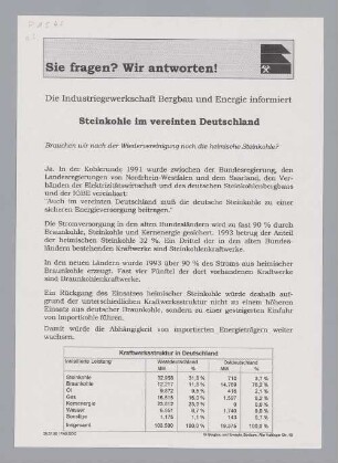 "Sie fragen? Wir antworten! Steinkohle im vereinten Deutschland"