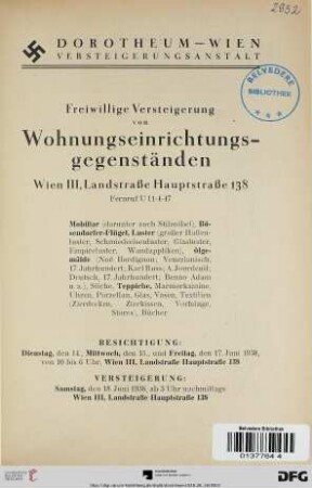 Freiwillige Versteigerung von Wohnungseinrichtungsgegenständen, Wien III, Landstraße Hauptstraße 138 : Mobiliar ..., Bösendorfer-Flügel, Luster ..., Ölgemälde (Noé Bordignon) ..., Teppiche ... ; Versteigerung, Samstag, den 18. Juni 1938