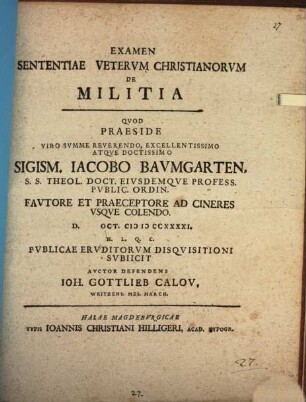 Examen sententiae veterum Christianorum de militia