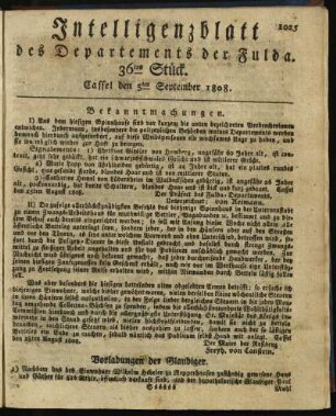 36tes Stück. Cassel den 5ten September 1808