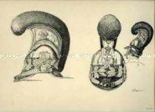 Uniformdarstellung, Detailstudie Raupenhelm der Garde du Corps, Königreich Bayern, 1813/1822. Beiblatt 1 zu Tafel VI aus: Müller/Braun: Königl. Bayerische Armee.
