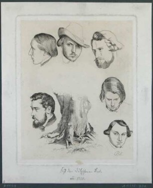 Sechs Darstellungen von Männerportäts und ein Baumstumpf einer Linde