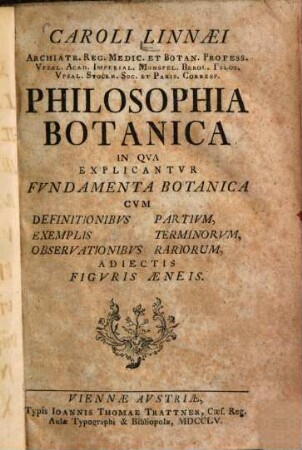 Philosophia botanica : In qua explicantur fundamenta botanica cum definitionibus partium, exemplis terminorum, observationibus rariorum, adiectis figuris aeneis
