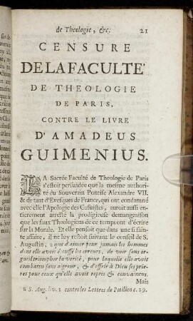 Censure De La Faculté De Theologie De Paris, Contre le Livre D'Amadeus Guimenius.