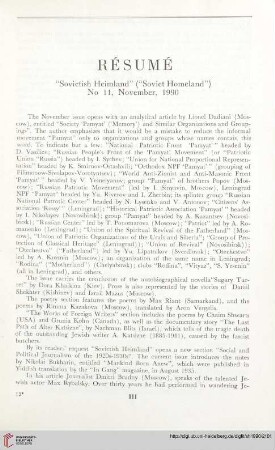Résumé „Sovietish Heimland“ („Soviet Homeland“) No. 11, November, 1990