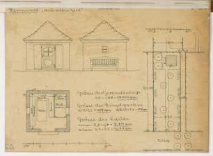 Schrebergartenkolonie Monatskonkurrenz Oktober 1918: Gartenplan. Laube: Grundriss und Aufriss Vorderansicht, Seitenansicht; Erläuterungstext, Maßstabsleiste