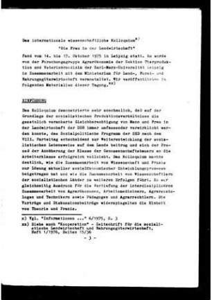Internationales wissenschaftliches Kolloquium "Die Frau in der Landwirtschaft", 14.-17.10.1975 in Leipzig