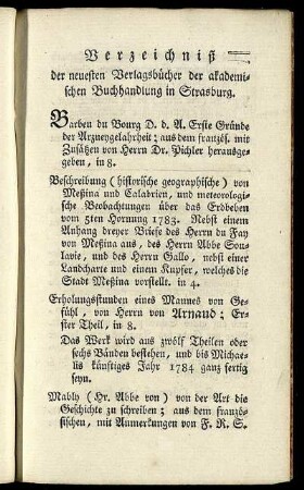 Verzeichniß der neuesten Verlagsbücher der akademischen Buchhandlung in Strasburg.