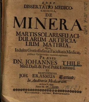 Dissertatio Medico-Chymica, De Minera Martis Solari, Seu Acidularum Artificialium Materia