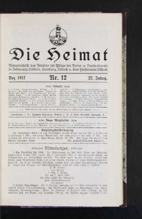 Dezember 1917, 27. Jahrgang, Nr. 12 : Monatsschrift des Vereins zur Pflege der natur- und Landeskunde in Schleswig-Holstein, hamburg, Lübeck und dem Fürstentum Lübeck.