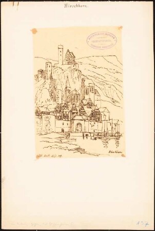 Stadt und Burg, Hirschhorn/Neckar: Durchzeichnung: Perspektivische Ansicht nach Illustrierte Welt, 1867, S. 149