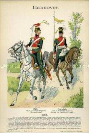 Uniformdarstellung, Offizier und Unteroffizier des 5. bzw. 6. Kavallerie-Regiments, Königreich Hannover, 1830.
