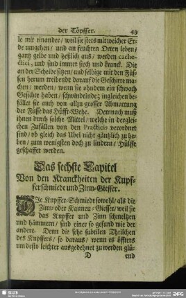 Das sechste Capitel Von den Kranckheiten der Kupferschmiede und Zinn-Giesser