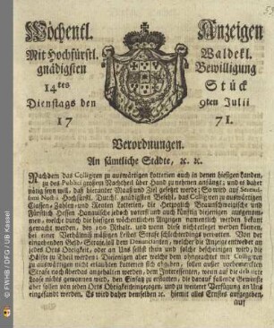 14tes Stück, Dienstags den 9ten Julii 1771