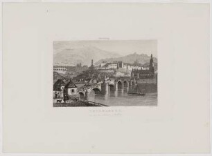 Heidelberg, Alte Brücke, Stadt und Schloss von Nordwesten