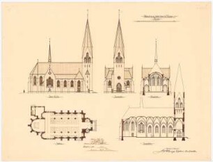 St. Laurentius, Rudersdorf bei Wilnsdorf: Seiten- und Vorderansicht, Quer- und Längsschnitt, Grundriss 1:200