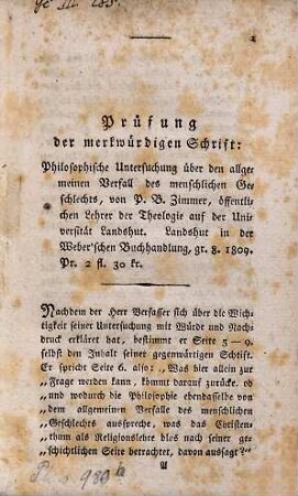 Prüfung der merkwürdigen Schrift: Philosophische Untersuchung über den allgemeinen Verfall des menschlichen Geschlechts, von P. B. Zimmer ...