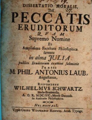 Dissertatio Moralis, De Peccatis Eruditorum