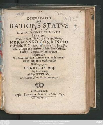 Dissertatio De Ratione Status