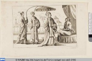 Zwei Dienerinnen halten ihrem Herrn einen Sonnenschirm, auf einem Thron ein asiatischer Herrscher