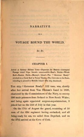 Narrative of a Voyage round the world : comprehending an account of the wreck of the ship "Governor Ready" in Torres Straits, a description of the British settlements on the coasts of New Holland ... also, the manners and customs of the aborginal tribes