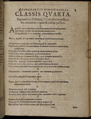 Classis Quarta. Septembri, Octobri, Novembri mensibus seu Autumno, vigent & colligi possunt.