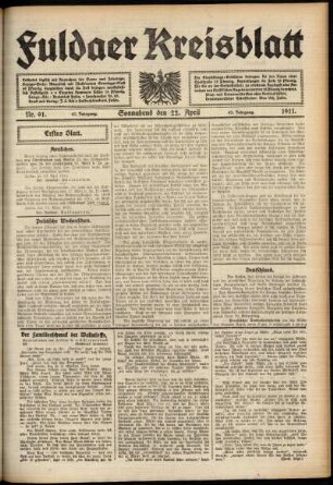 Erste Ausgabe vom Samstag, den 22. April 1911.