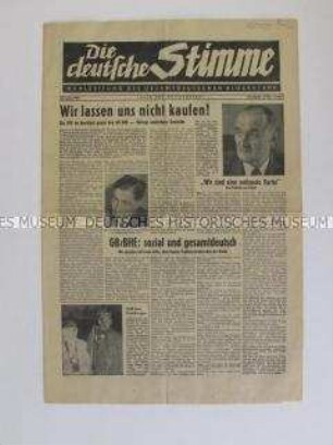 Wahlzeitung des Gesamtdeutschen Blocks/BHE "Die deutsche Stimme" zur Bundestagswahl 1957